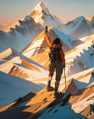 Masterpiece, Top Quality, High Definition, Artistic Composition,1 Woman, mountaineering outfit, summit, standing on top of Mount Everest with arms and legs outstretched, from behind, backlight, golden sunrise light, high contrast, magnificent nature, dramatic, looking away