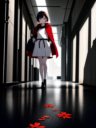 Masterpiece, Top Quality, 1 girl, short hair, red coat, red cape, black shirt, white skirt, beige bag, black pantyhose, hands in pockets, blue eyes, walking, dirty Japanese back alley, dark, street lamp, ground wet, scary atmosphere, high definition, oblique composition, drizzle, red flowers in bloom, perspective, focus on feet, unstable, messy screen, backlight,<lora:659111690174031528:1.0>