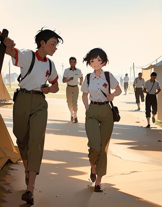 Masterpiece, top quality, high definition, artistic composition, 1 woman, red cross, medical staff, shirt, olive pants, busy working, displaced persons camp, short hair, tan, dramatic, film style, wide shot, dusty, hot sun, smiling, stooping, children running around, realistic,girl