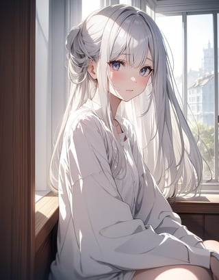 Masterpiece, Top Quality, High Definition, Artistic Composition, One girl, silver hair, white skin, pale eyes, blank expression, sitting by window, backlight, bust shot, beige cotton shirt, striking light, front composition, calm, quiet, late afternoon