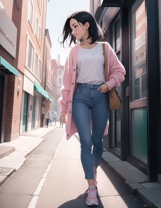 (masterpiece, top quality), high definition, artistic composition, 1 woman, white shirt, pink cardigan, blue pants, blue-green second bag, black sneakers, urban, walking, Dutch angle, stylish, smiling, full body, black hair, lively, hands extended, side view