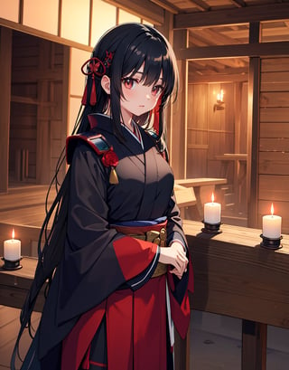 Masterpiece, Top Quality, High Definition, Artistic Composition, One girl, gentle smile, black hair, big red ribbon, red and blue-green kimono-like battle dress, android-like armor, inside wooden building, dark, candlelight