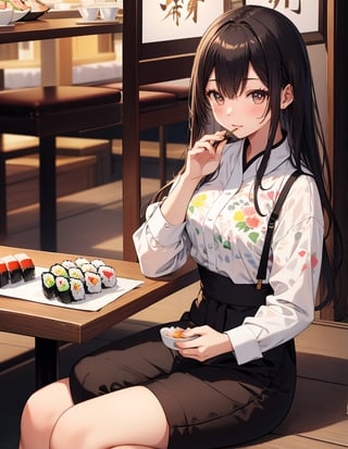 Masterpiece, Top quality, High definition, Artistic composition, One girl, eating sushi, smiling, blushing cheeks, girlish gesture, monotone printed shirt, black pants, sitting, Chinese sushi restaurant, casual,girl
