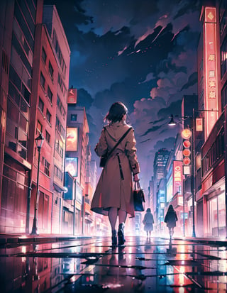 Masterpiece, top quality, high definition, artistic composition, 1 woman, walking, casual, beige coat, urban style, hands behind back, handbag, looking away, smiling, shocked, saying goodbye, May Storm, night city, dramatic