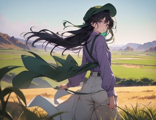 Masterpiece, Top quality, High definition, Artistic composition, One girl, Pale purple shirt, Viridian pants, Green hat, Hand holding hat, Looking back, Looking away, Black hair, Greening desert, Wilderness, Green wheat field, Wide sky, Wind blowing, Wide shot, High contrast