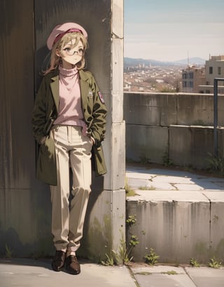 Masterpiece, Top Quality, High Definition, Artistic Composition, One girl, leaning against a wall, waiting for someone, looking away, looking down, smirking, round frame glasses, pink beret, olive jacket, white knit, brown pants, khaki sneakers, casual, portrait, monotone cityscape, French style, low saturation