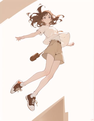 (masterpiece, top quality), high definition, artistic composition, 1 woman, khaki shorts, vermilion sneakers, white socks, beige cotton shirt, floating in air, from below, hands and feet spread, sepia background, large pocket watch image in background, bold composition, Dutch angle, Fantasy, chestnut hair, short wavy hair, cheerful