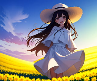 (masterpiece, top quality), 1 girl, high definition, artistic composition, portrait, field of rape blossoms, woman in white dress, wide-brimmed hat, hands behind body, open-mouthed smile, spinning, posing, looking at you, wide shot, bending forward, mature, dusk, striking sky, from below,<lora:659111690174031528:1.0>