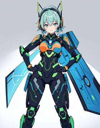 Masterpiece, Top Quality, High Definition, Artistic Composition, 1 girl, standing, one hand on hip, model pose, smiling, blue science fiction movie pilot suit, blue base color, yellow-green assorted colors, orange accent color, all gray background, Japanese anime style, headset with blade antennae, android-like armored parts,