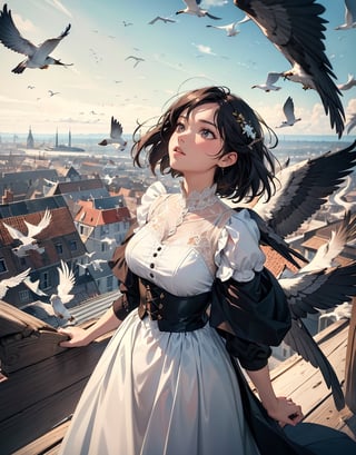 Masterpiece, top quality, high definition, artistic composition, 1 woman, looking up, from above, migrating birds flying, flock of birds, Dutch angle, bold composition, wide shot