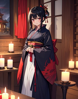 Masterpiece, Top Quality, High Definition, Artistic Composition, One girl, gentle smile, black hair, big red ribbon, red and blue-green kimono-like battle dress, android-like armor, inside wooden building, dark, candlelight