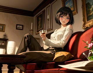 masterpiece, top quality, artistic composition, realistic, 1 girl, bob cut, sitting on couch, leaning forward, excited, paper cup in hand, (smiling with mouth open), living room, focus on face, glass table with candy on it, side composition, portrait, looking away, dutch angle,<lora:659111690174031528:1.0>