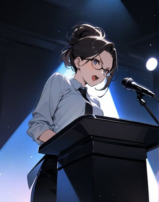 (masterpiece, top quality), high definition, artistic composition, 1 woman, dark hair, hair tied back, glasses, shouting, speaking on podium, microphone and microphone stand, illuminated light, striking light, dramatic, white shirt, black tie, black pants, from below, bold composition, powerful, lectern