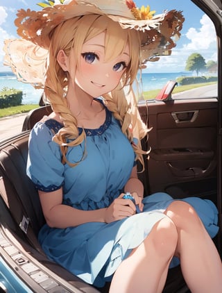 Masterpiece, top quality,khange, 1 girl, smiling, blonde hair, bright blue dress, straw hat, convertible top car, sitting in passenger seat, hand holding hat, hair blowing in wind, high definition, wide shot, portrait,breakdomain