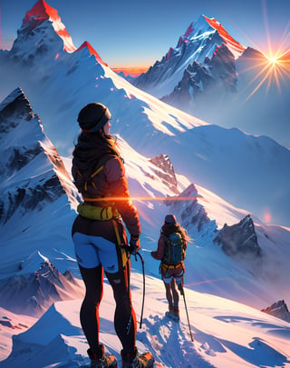 Masterpiece, Top Quality, High Definition, Artistic Composition,1 Woman, mountaineering outfit, summit, standing on top of Mount Everest with arms and legs outstretched, from behind, backlight, golden sunrise light, high contrast, magnificent nature, dramatic