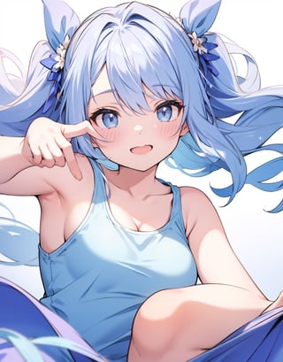 Masterpiece, Top Quality, High Definition, Artistic Composition, 1 girl, smiling with her mouth open, pointing towards me, close-up of fingertips, light blue tank top, bold composition