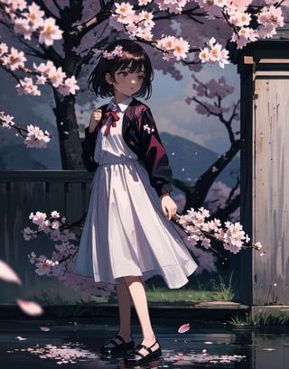  Masterpiece, top quality, high quality, artistic composition, one girl, big cherry tree, standing under tree, hand on tree, impressive, cherry blossoms in full bloom, petals dancing, beautiful nature, wide shot,<lora:659111690174031528:1.0>