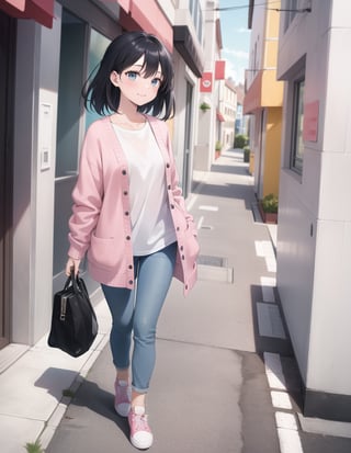 (masterpiece, top quality), high definition, artistic composition, 1 woman, white shirt, pink cardigan, blue pants, blue-green second bag, black sneakers, urban, walking, Dutch angle, stylish, smiling, full body, black hair, lively, hands extended, side view