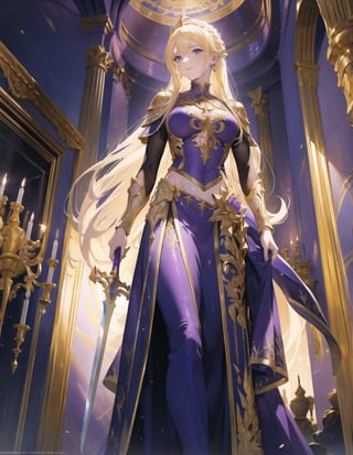 (masterpiece, top quality), high definition, artistic composition, 1 woman, blond, standing, purple armor, golden ornaments, aristocrat, from below, beautiful sword, white marble construction, high ceiling, impressive light, aristocrat, imposing, fantasy