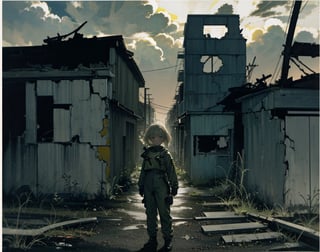 masterpiece, top quality, artistic composition, realistic, 1 girl, fallout, VOLT suit, 1950's American residential area, ruins, post nuclear war, wide shot, bold composition, apocalypse,<lora:659111690174031528:1.0>