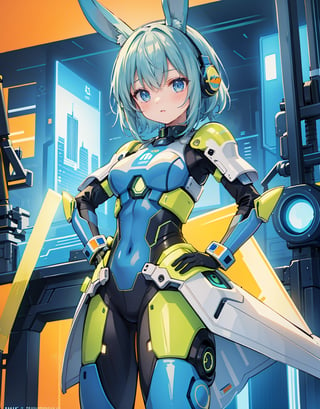 Masterpiece, Top Quality, High Definition, Artistic Composition, 1 girl, standing, one hand on hip, model pose, smiling, blue science fiction movie pilot suit, blue base color, yellow-green assorted colors, orange accent color, light grayish background, Japanese anime style, head set shaped like rabbit ears, android-like armored parts