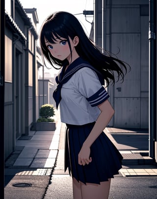  masterpiece, top quality, high definition, artistic composition, 1 girl, sailor uniform, school uniform, japan, school uniform, worried, bust shot, reaching out, backlit, crouching, peeking, japanese cityscape,best quality,masterpiece,<lora:659111690174031528:1.0>