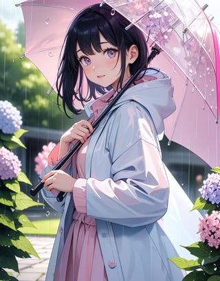 Masterpiece, Top Quality, High Definition, Artistic Composition, One Girl, Pale Pink Raincoat, Bend Over, Close-Up of Face, Blue and Pink Hydrangea, Smiling, Raining, Light Blue Umbrella, Dim, Enjoying, Park, Snail, From Front, Black Hair, Dark Eyes,girl