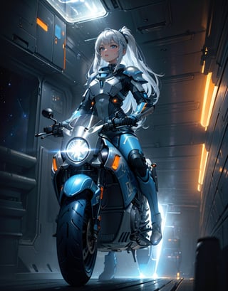 Masterpiece, Top Quality, High Definition, Artistic Composition, One girl, Silver and Nile blue spacesuit, Stylish, Commuter like motorcycle without tires, floating in space, space station, science fiction, orange lights, futuristic, bold composition, striking light, Android-like armor, from below, wide shot, Dutch angle