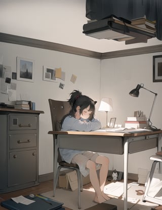 Masterpiece, Top Quality, High Definition, Artistic Composition,1 girl, sitting in chair studying, study desk, notebook, holding pencil, distressed, frowning, hair tied back, on top, plain colored loungewear, messy room, small room, (cat sleeping on desk), dark room, bold composition, looking away to do.