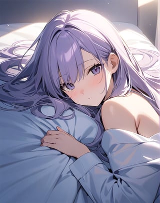 Masterpiece, Top Quality, High Definition, Artistic Composition,1 girl, light purple hair, long hair - thin eyes open, sleepy, morning sun, bed, wrapped in white sheets, elegant, beautiful morning, from above, lying in bed, pleasant, pastel colors, large sheets
,girl