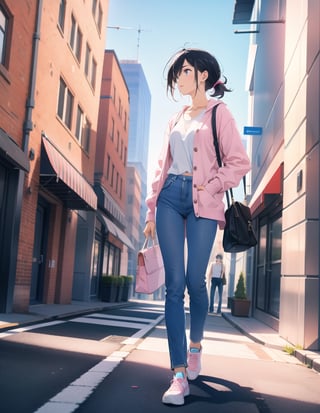 (masterpiece, top quality), high definition, artistic composition, 1 woman, white shirt, pink cardigan, blue pants, blue-green second bag, black sneakers, urban, walking, Dutch angle, stylish, looking away, full body, black hair, lively