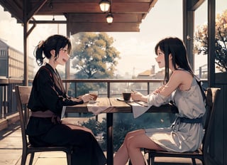 Masterpiece, top quality, high definition, artistic composition, two girls, sitting in a cafe, talking, looking away, one angry, one laughing, portrait, student, Japan