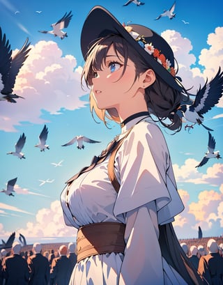 Masterpiece, top quality, high definition, artistic composition, 1 woman, looking up, from below, migrating birds flying, flock of birds, Dutch angle, bold composition, wide shot