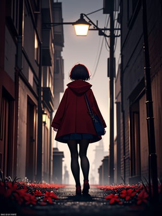Masterpiece, Top Quality, 1 girl, short hair, red coat, red cape, black shirt, white skirt, beige bag, black pantyhose, hands in pockets, blue eyes, dirty Japanese back alley, dark sky, dark street lamp, wet ground, scary atmosphere, high definition, composition from below, drizzle, red flowers in bloom, wide angle, focus on feet, unstable, messy picture, backlight, shadow behind,<lora:659111690174031528:1.0>