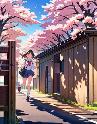  Masterpiece, top quality, high quality, artistic composition, 1 girl, elementary school student, school bag, schoolbag, energetic, handbag, lively, smiling with mouth open, running at full speed, cherry blossom tree, cherry blossoms in full bloom, petals dancing, looking away, nice weather, warm light, portrait, bold composition, 8 years old, from above, looking away, child,<lora:659111690174031528:1.0>