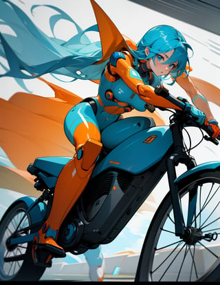 Masterpiece, Top Quality, High Definition, Artistic Composition, 1 girl, riding a bicycle, pedaling, orange and cyan futuristic battle suit, body suit, android, blue accent color, motion blur, dynamic, moving, bold composition, battlefield,girl