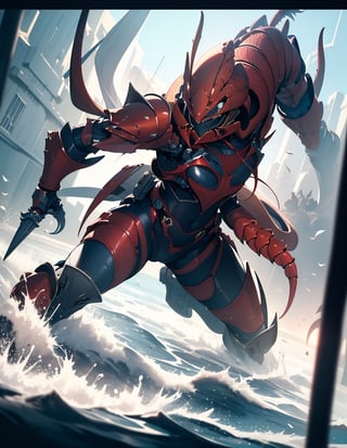 Masterpiece, top quality, high definition, artistic composition, 1 female, underwater, bodysuit, crayfish type armor, bold composition, Dutch angle, battle pose, action scene, dramatic, huge claws