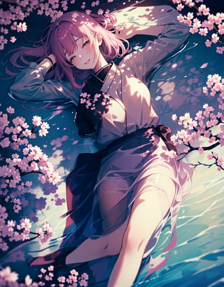  Masterpiece, top quality, high definition, artistic composition, one woman, anime, overhead shot, sleeping with eyes closed, resting, leaning back, mature, 18 years old, smile, casual fashion, Japan, high definition, cherry blossom frame, lying on plastic sheet, portrait, wide shot, full body,<lora:659111690174031528:1.0>