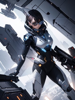 Masterpiece, Top Quality,1 Woman, mechanical armor, sexy, holding gun, spaceship factory in space, space view from inside, dark background, no earth, photo, futuristic, high definition, wide shot, artistic composition, science fiction, cyberpunk,masterpiece