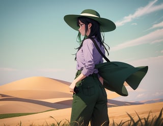 Masterpiece, Top quality, High definition, Artistic composition, One girl, Pale purple shirt, Viridian pants, Green hat, Hand holding hat, Looking back, Looking away, Black hair, Greening desert, Wilderness, Green wheat field, Wide sky, Wind blowing, Wide shot, High contrast
