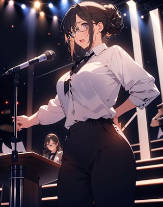 (masterpiece, top quality), high definition, artistic composition, 1 woman, dark hair, hair tied back, glasses, shouting, speaking on podium, microphone and microphone stand, illuminated light, striking light, dramatic, white shirt, black tie, black pants, from below, bold composition, powerful, lectern