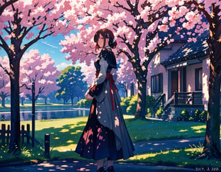  Masterpiece, top quality, high resolution, artistic composition, large cherry tree, multiple women fussing in background, 1 girl in foreground,photograph,<lora:659111690174031528:1.0>