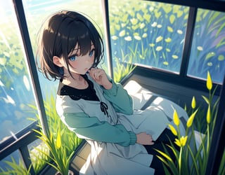  Masterpiece, Top Quality, High Definition, Artistic Composition, 1 girl, cheekbones, window seat, thinking, cute gesture,Spring Coordinates, Portrait, Watercolor style young grass colored plant frame frame, pastel colors, from above, light shining through, striking, calm, dark hair, short cut, anime,<lora:659111690174031528:1.0>