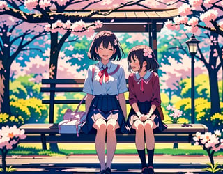  Masterpiece, top quality, high quality, artistic composition, two women, sitting on bench, standing, one laughing, one angry, having conversation, spring coordination, cherry blossom trees, cherry blossoms in full bloom, petals dancing, wide shot, looking away, bold composition,<lora:659111690174031528:1.0>