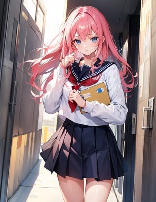 Masterpiece, Top Quality, High Definition, Artistic Composition, 1 girl, presenting a pretty envelope, embarrassed, looking away, blushing, from in front, school, uniform, sailor suit, girlish gesture