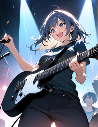 Masterpiece, Top Quality, High Definition, Artistic Composition,1 girl, playing guitar, rock band, concert, smiling, sweat, urban casual, right hand raised, from below, lighting, lively, screaming, bold composition, striking light