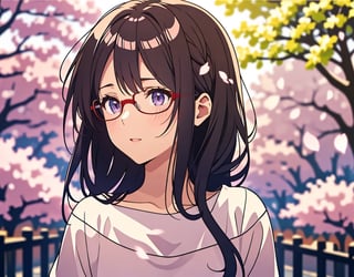  Masterpiece, top quality, high quality, artistic composition, one woman, childish, large dark rimmed glasses, plain dark hair, embarrassed, looking away, cute gesture, blush, side view composition, plain clothes, cherry blossom trees, in full bloom, petals dancing, warm light, dramatic, POW, date, crowded, flirty eyes, smirking, anime, face down,<lora:659111690174031528:1.0>