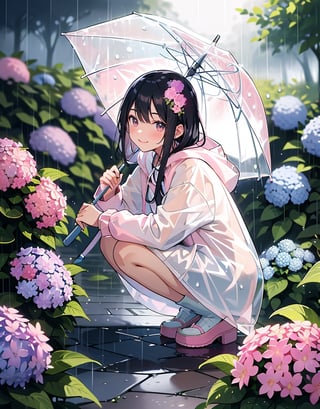 Masterpiece, Top Quality, High Definition, Artistic Composition, One girl, light pink raincoat, squatting, blue and pink hydrangea, smiling, raining, light blue umbrella, dimly lit, enjoying, park, snail, from below, from front, black hair, dark eyes
