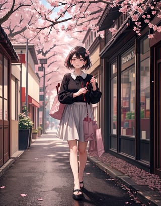  Masterpiece, top quality, high quality, artistic composition, one woman, housewife, carrying shopping bag, casual fashion, standing, front view, downtown shopping street, cherry blossom tree, cherry blossoms in bloom, petals dancing, nice weather, portrait,<lora:659111690174031528:1.0>