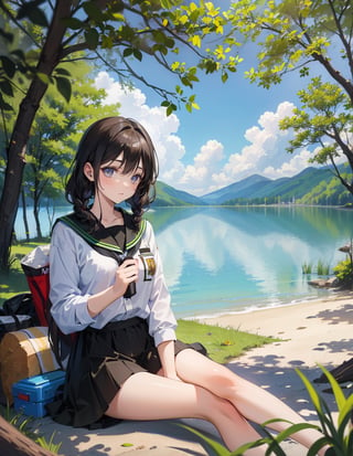 Masterpiece, Top Quality, High Definition, Artistic Composition, Several Girls, Girl Scouts, Camping, Lake, Smiling, Looking Away, Talking, Holding Firewood,girl